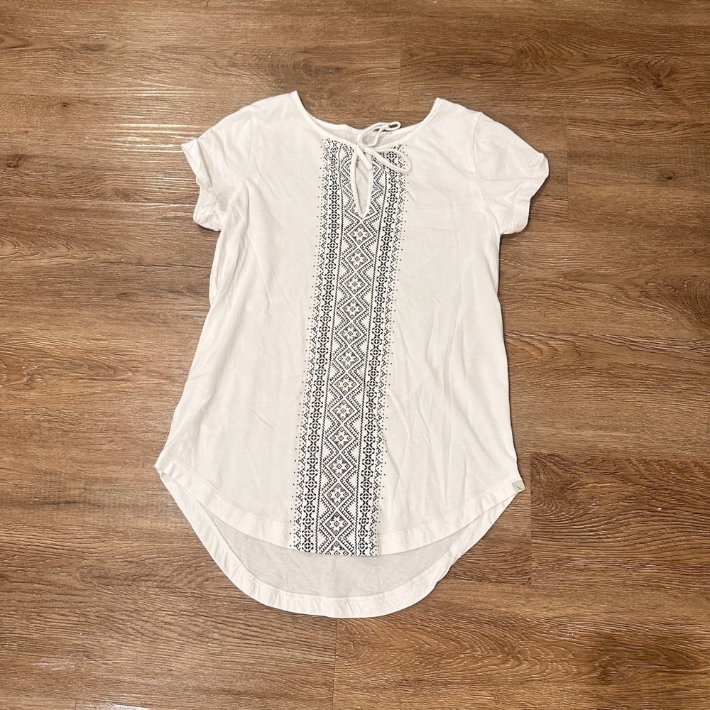 Eddie Bauer Womens White Cotton Graphic Print Tie Neck High Low Tee Shirt XS